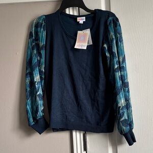 LuLaRoe Navy Sweater with Blue Patterned Sleeves